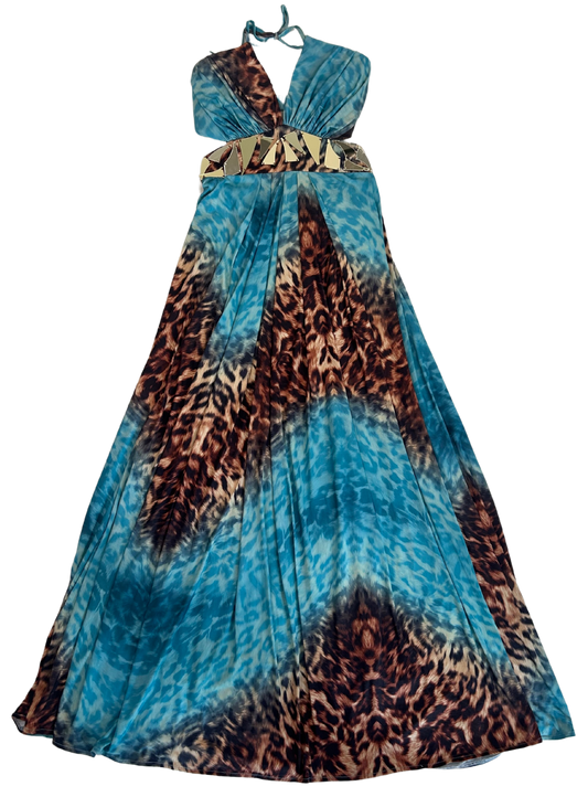 Roberto Cavalli Turquoise & Leopard Print Maxi Dress with Gold Mirror Waist Detail