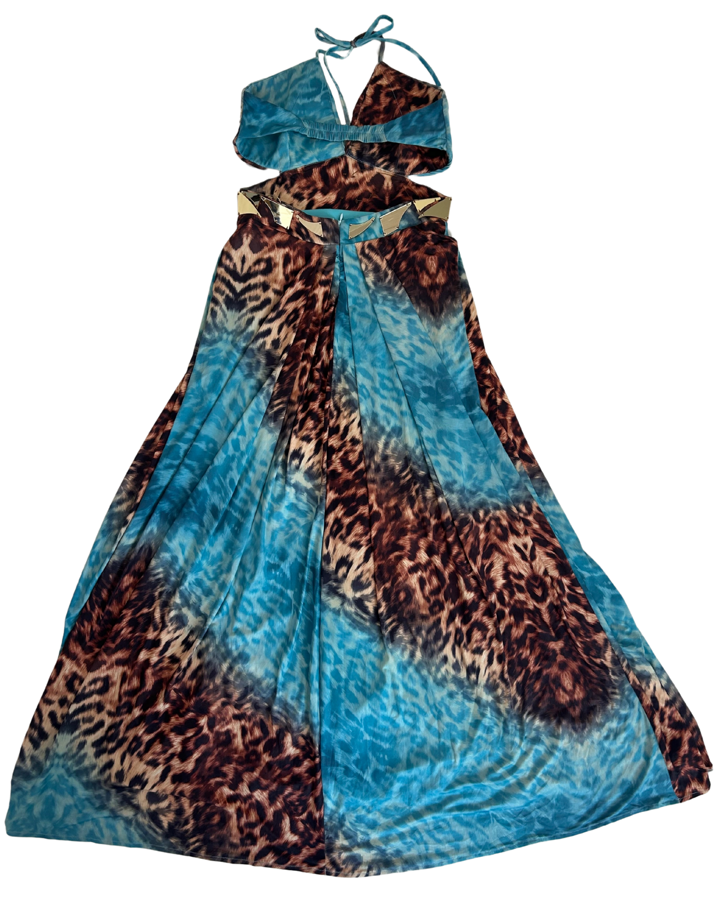 Roberto Cavalli Turquoise & Leopard Print Maxi Dress with Gold Mirror Waist Detail