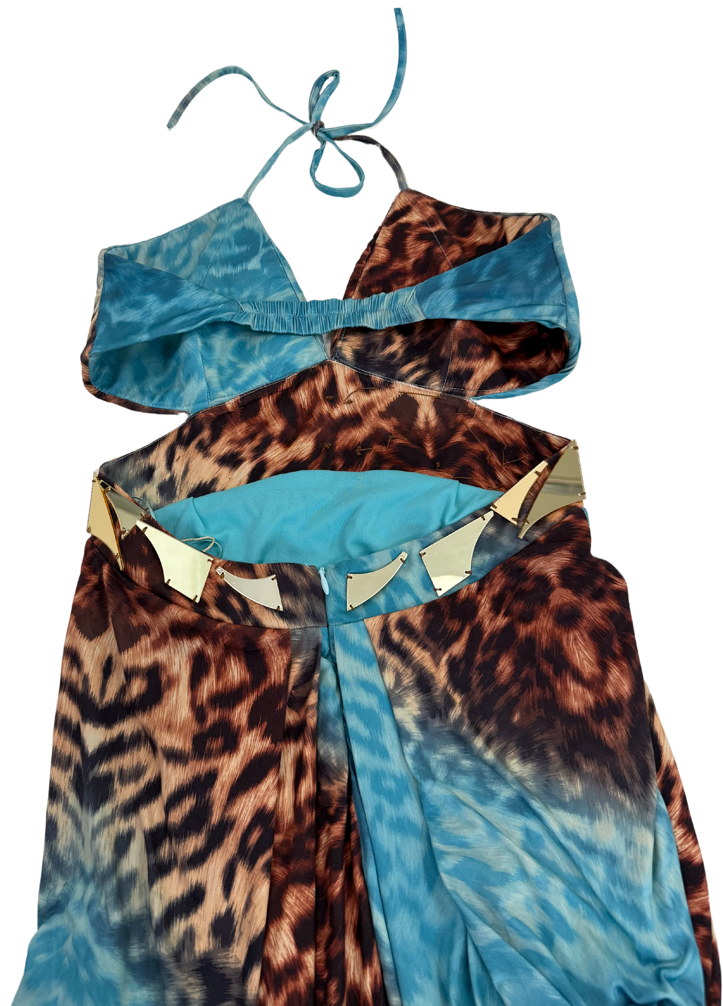 Roberto Cavalli Turquoise & Leopard Print Maxi Dress with Gold Mirror Waist Detail