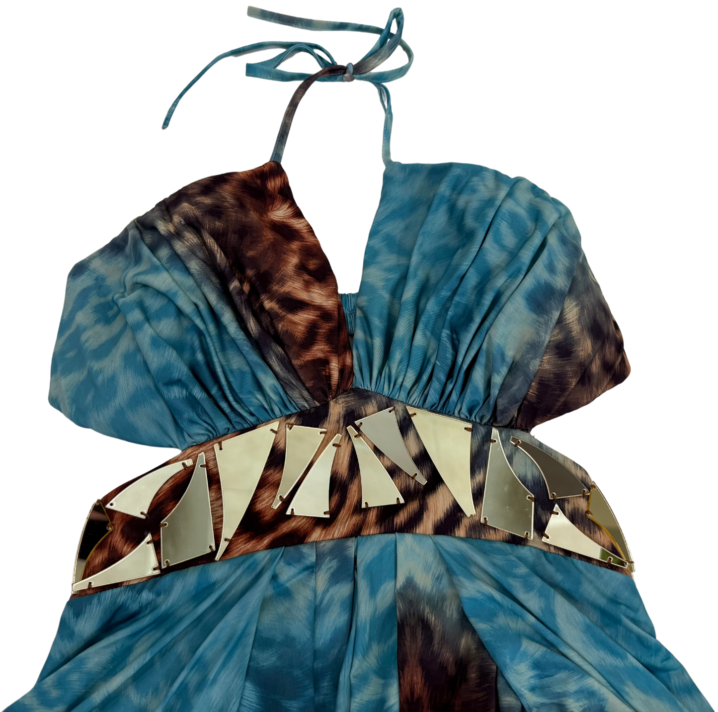 Roberto Cavalli Turquoise & Leopard Print Maxi Dress with Gold Mirror Waist Detail