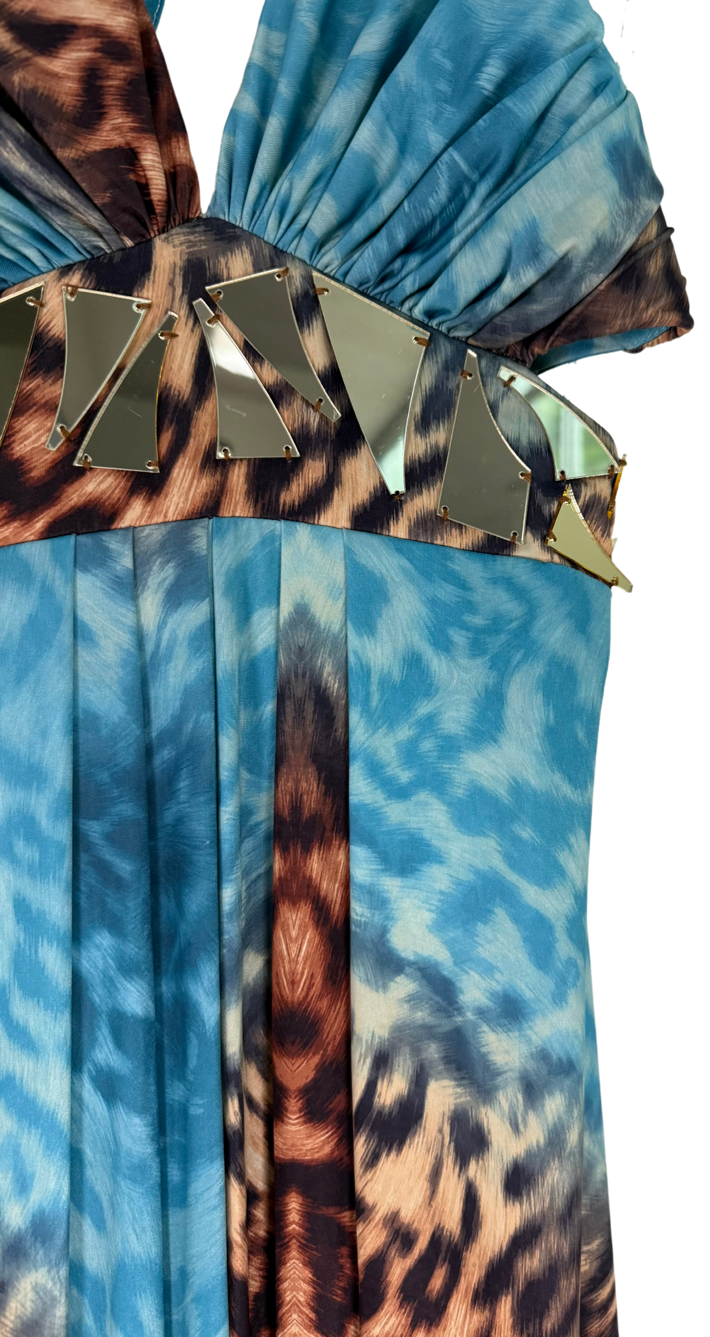 Roberto Cavalli Turquoise & Leopard Print Maxi Dress with Gold Mirror Waist Detail