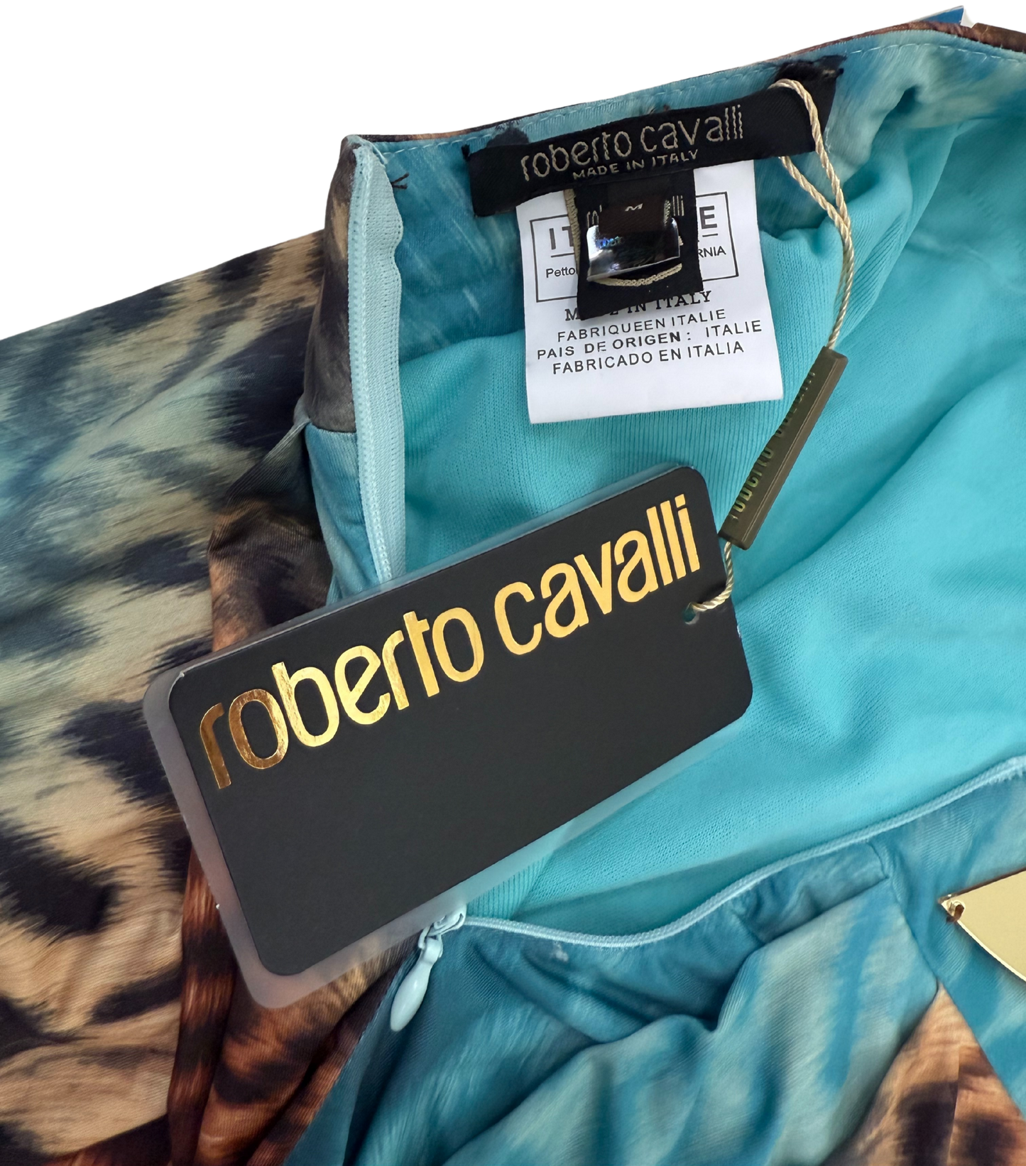 Roberto Cavalli Turquoise & Leopard Print Maxi Dress with Gold Mirror Waist Detail