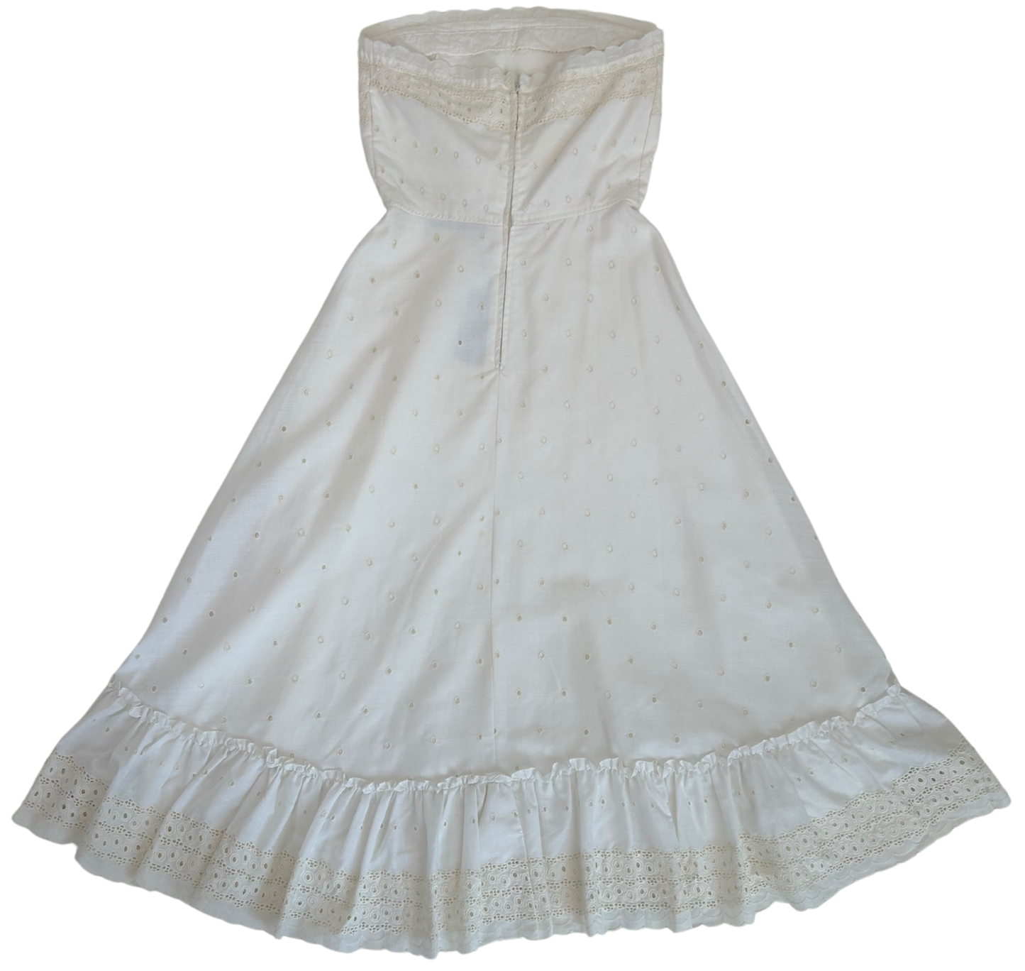 Vintage 1970s Saks Fifth Avenue Ivory Eyelet Cotton Strapless Dress – Prairie-Inspired Midi with Ruffle Hem