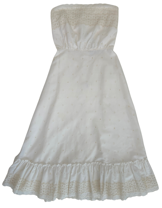 Vintage 1970s Saks Fifth Avenue Ivory Eyelet Cotton Strapless Dress – Prairie-Inspired Midi with Ruffle Hem