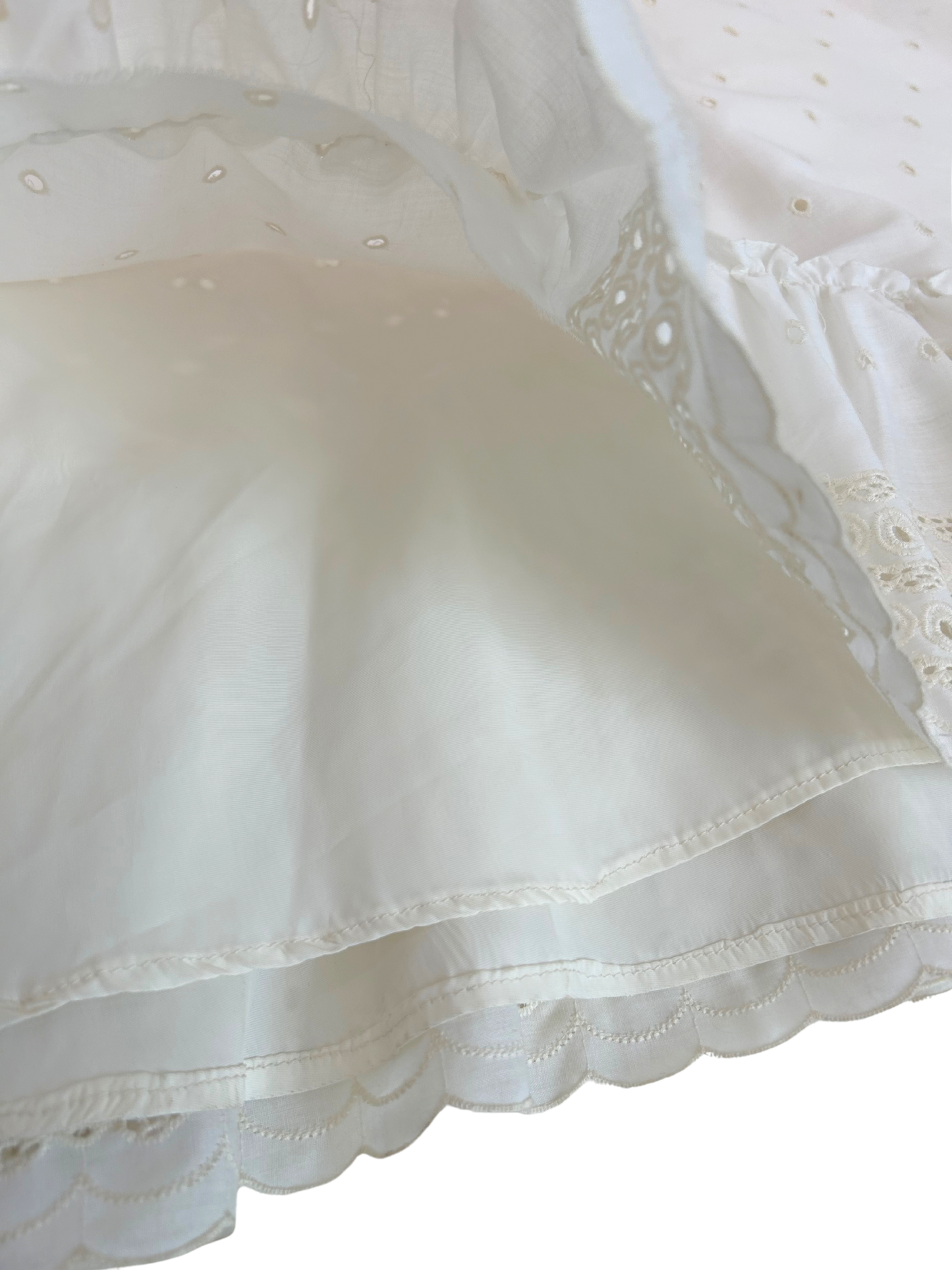 Vintage 1970s Saks Fifth Avenue Ivory Eyelet Cotton Strapless Dress – Prairie-Inspired Midi with Ruffle Hem