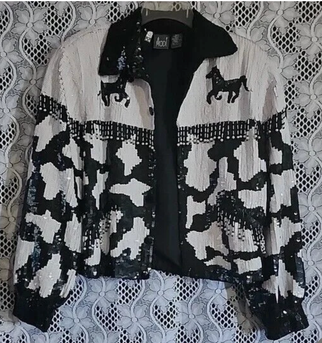 Vintage Modi Black & White Silk Sequined Western Fringe Jacket