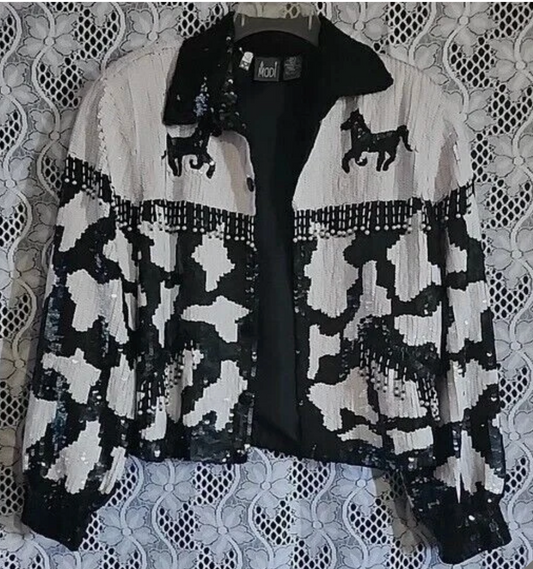 Vintage Modi Black & White Silk Sequined Western Fringe Jacket