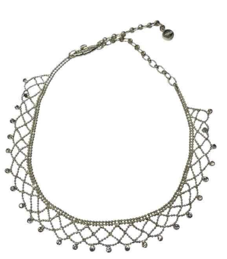 Vintage Givenchy Silver-Tone Beaded Lattice Choker Necklace with Logo Charm - 1990s