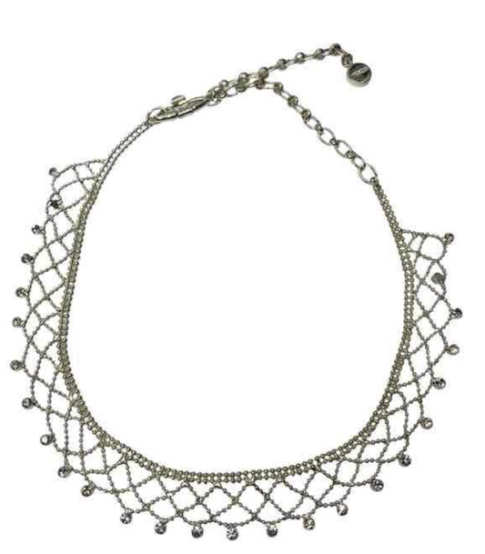 Vintage Givenchy Silver-Tone Beaded Lattice Choker Necklace with Logo Charm - 1990s