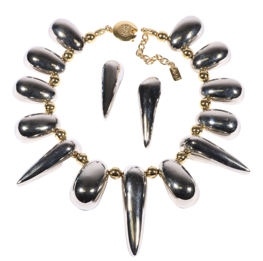 Vintage Yves Saint Laurent YSL Chrome Spike Statement Necklace & Earrings Set, Late 1980s-Early 1990s Runway/Editorial Style