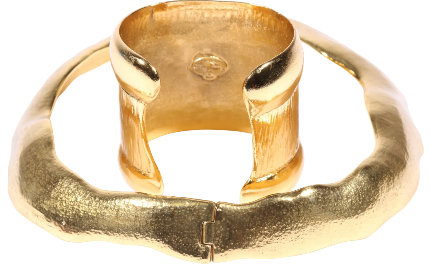 Vintage YSL Rive Gauche Sculptural Gilt Collar Necklace & Matching Cuff Bracelet Set - Late 1980s