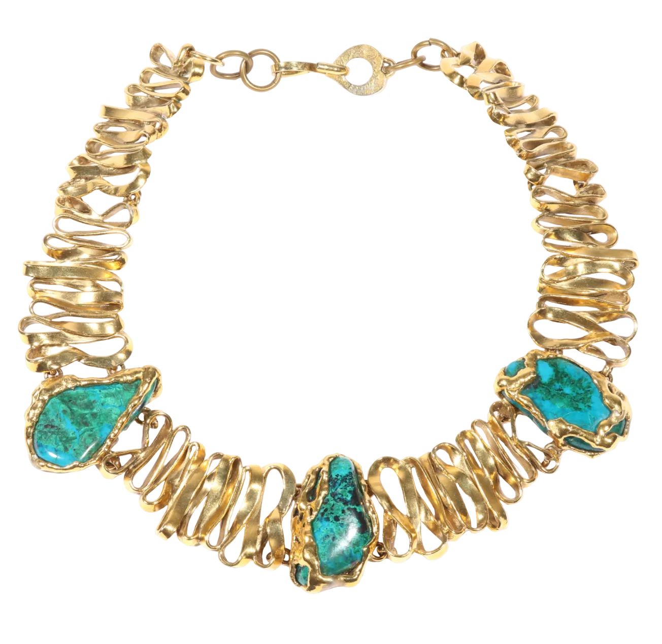 Vintage Yves Saint Laurent Rive Gauche Malachite-Azurite Brutalist Gold-Tone Collar Necklace, Late 1970s-Early 1980s