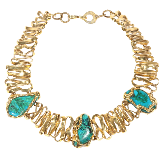 Vintage Yves Saint Laurent Rive Gauche Malachite-Azurite Brutalist Gold-Tone Collar Necklace, Late 1970s-Early 1980s