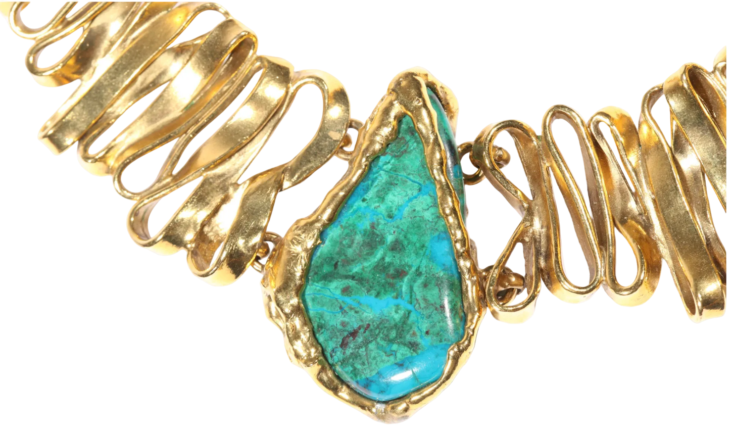 Vintage Yves Saint Laurent Rive Gauche Malachite-Azurite Brutalist Gold-Tone Collar Necklace, Late 1970s-Early 1980s