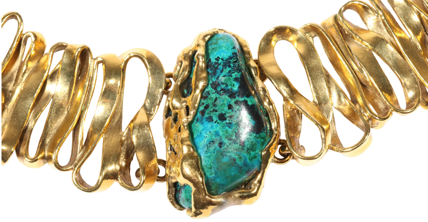 Vintage Yves Saint Laurent Rive Gauche Malachite-Azurite Brutalist Gold-Tone Collar Necklace, Late 1970s-Early 1980s