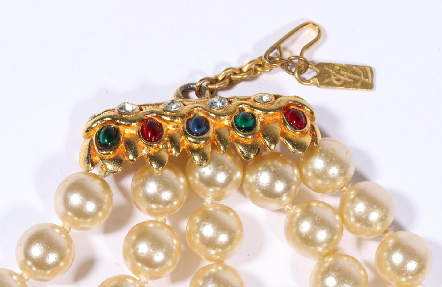 Yves Saint Laurent YSL faux pearl multi strand necklace with jewel tone cabochon clasp