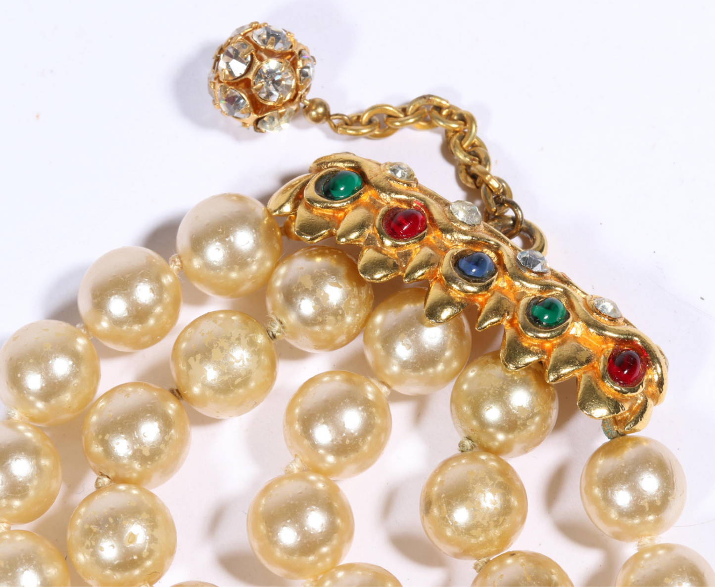 Yves Saint Laurent YSL faux pearl multi strand necklace with jewel tone cabochon clasp