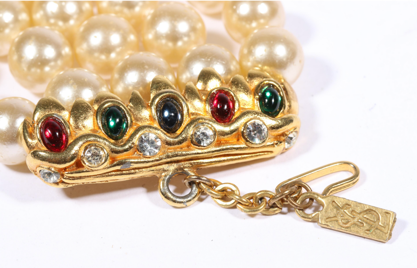 Yves Saint Laurent YSL faux pearl multi strand necklace with jewel tone cabochon clasp