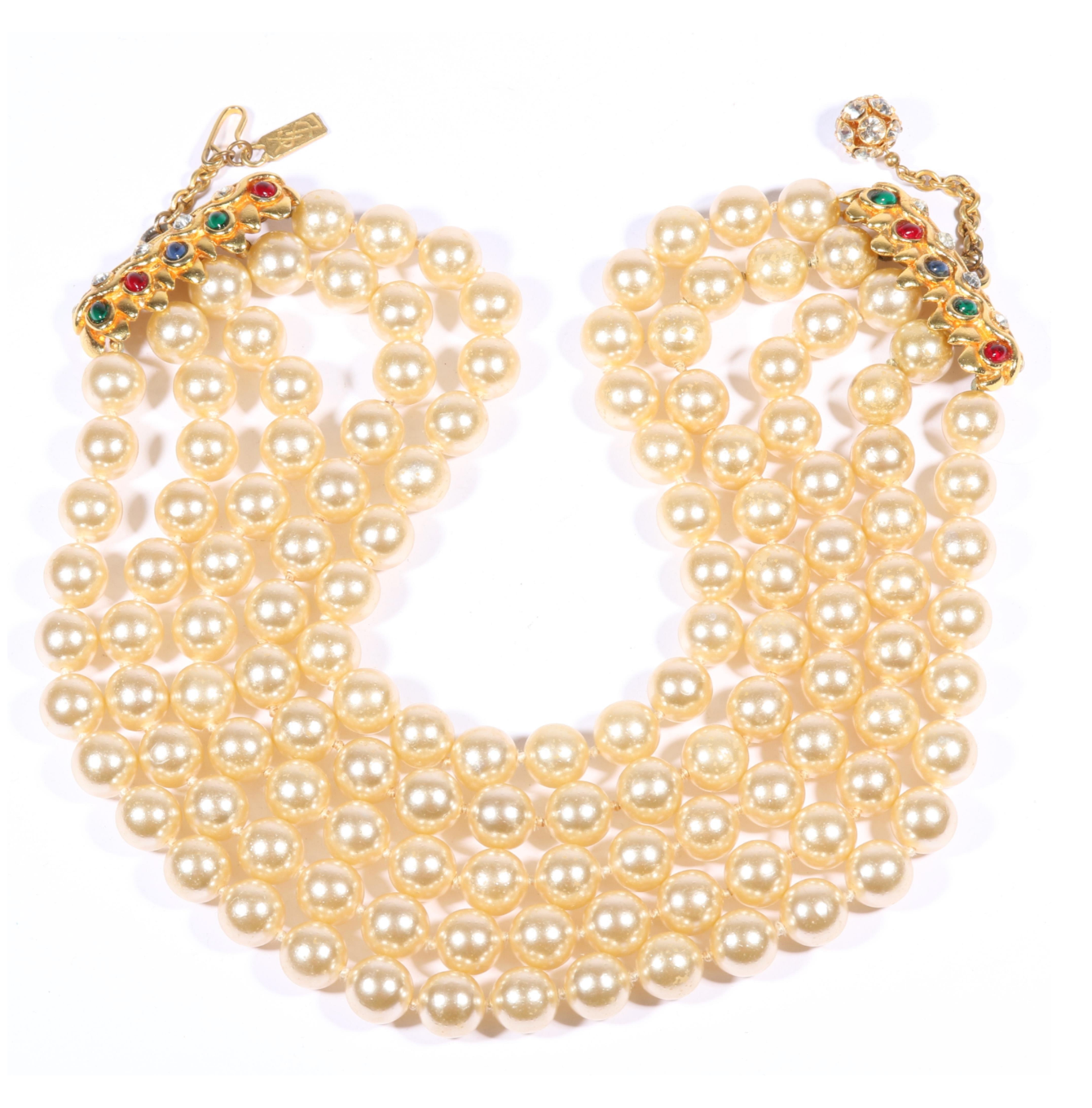Yves Saint Laurent YSL faux pearl multi strand necklace with jewel tone cabochon clasp