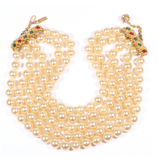 Yves Saint Laurent YSL faux pearl multi strand necklace with jewel tone cabochon clasp