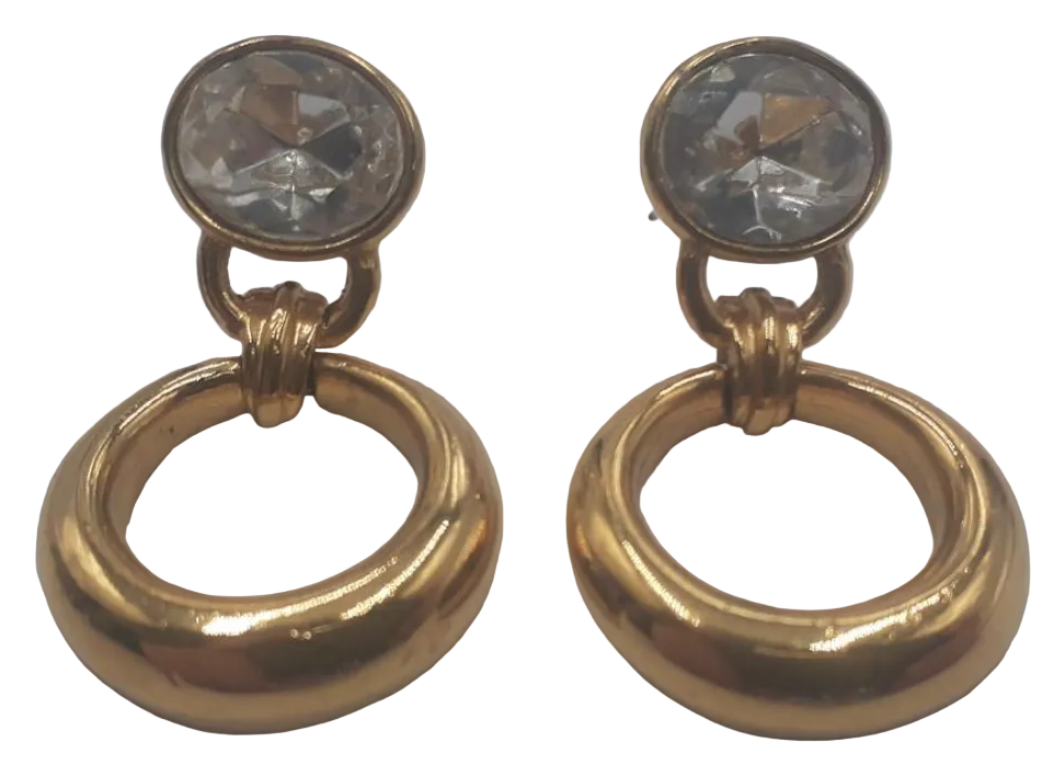 Vintage Givenchy Late 1980s Gold Tone Crystal Door Knocker Drop Earrings