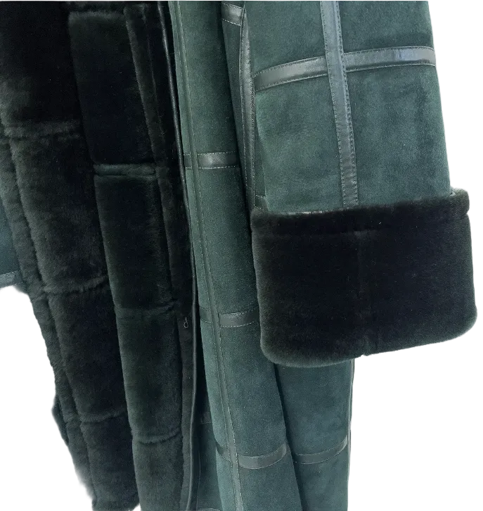 1970s Christian Dior Forest Green Shearling Patchwork Coat | Boutique Label Oversized Fur Trim Jacket