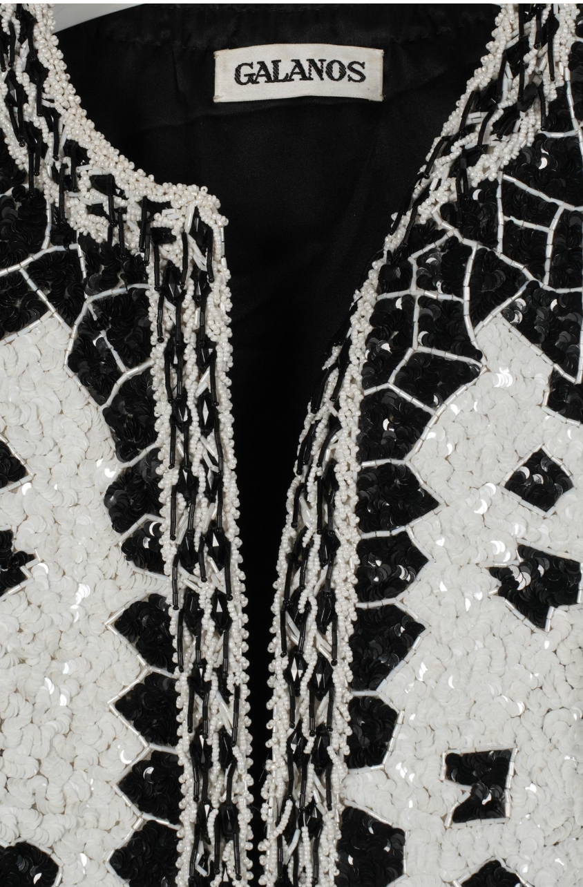 Vintage 1990s Galanos Couture Black & White Art Deco Beaded Sequin Evening Jacket