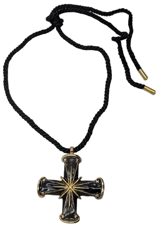 Vintage 1990s Valentino Garavani Black Enamel Maltese Cross Pendant Rope Necklace