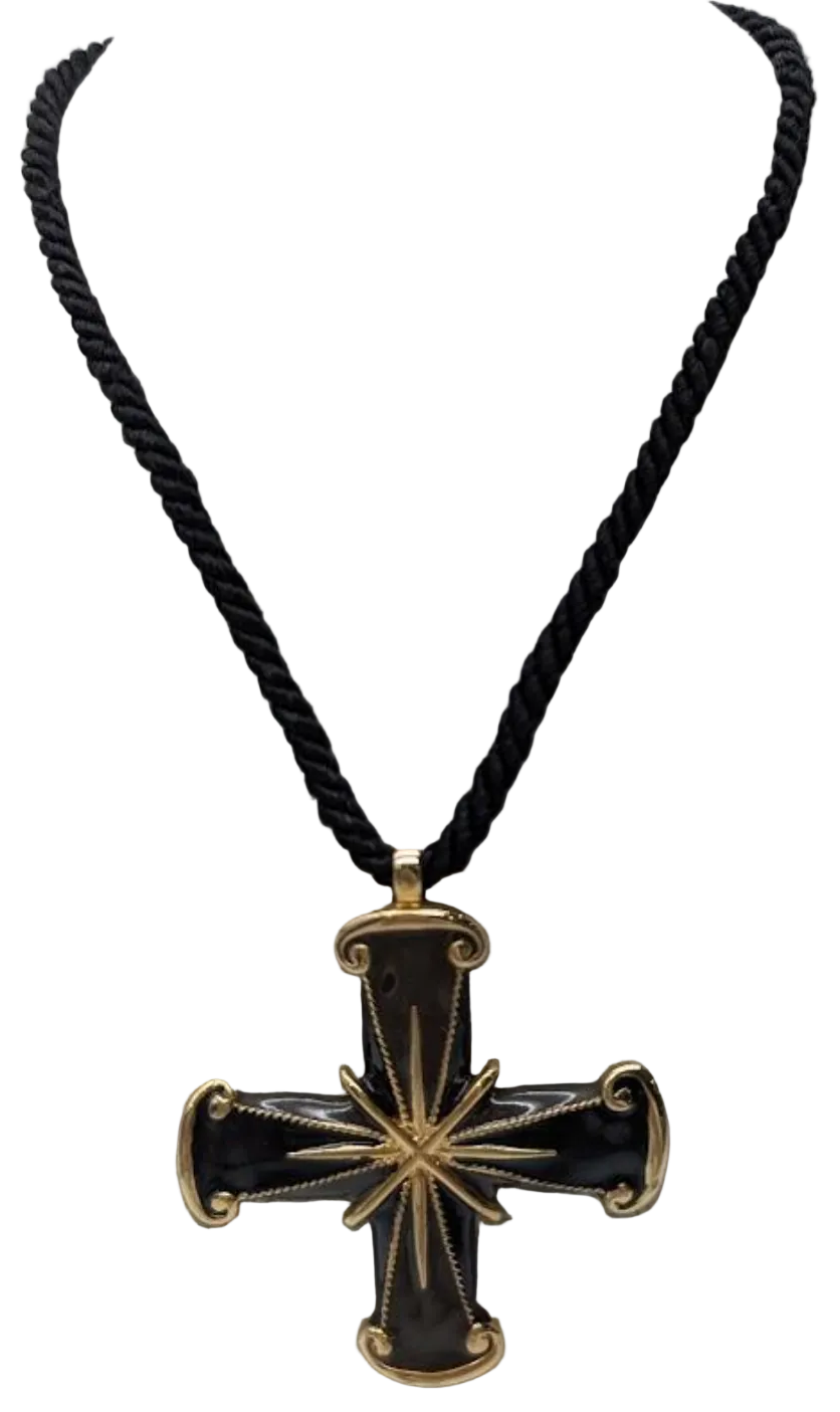 Vintage 1990s Valentino Garavani Black Enamel Maltese Cross Pendant Rope Necklace