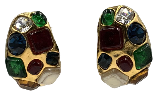 Vintage 1980s Chanel Multicolor Gripoix Glass Gold-Tone Mosaic Clip-On Earrings, Made in France
