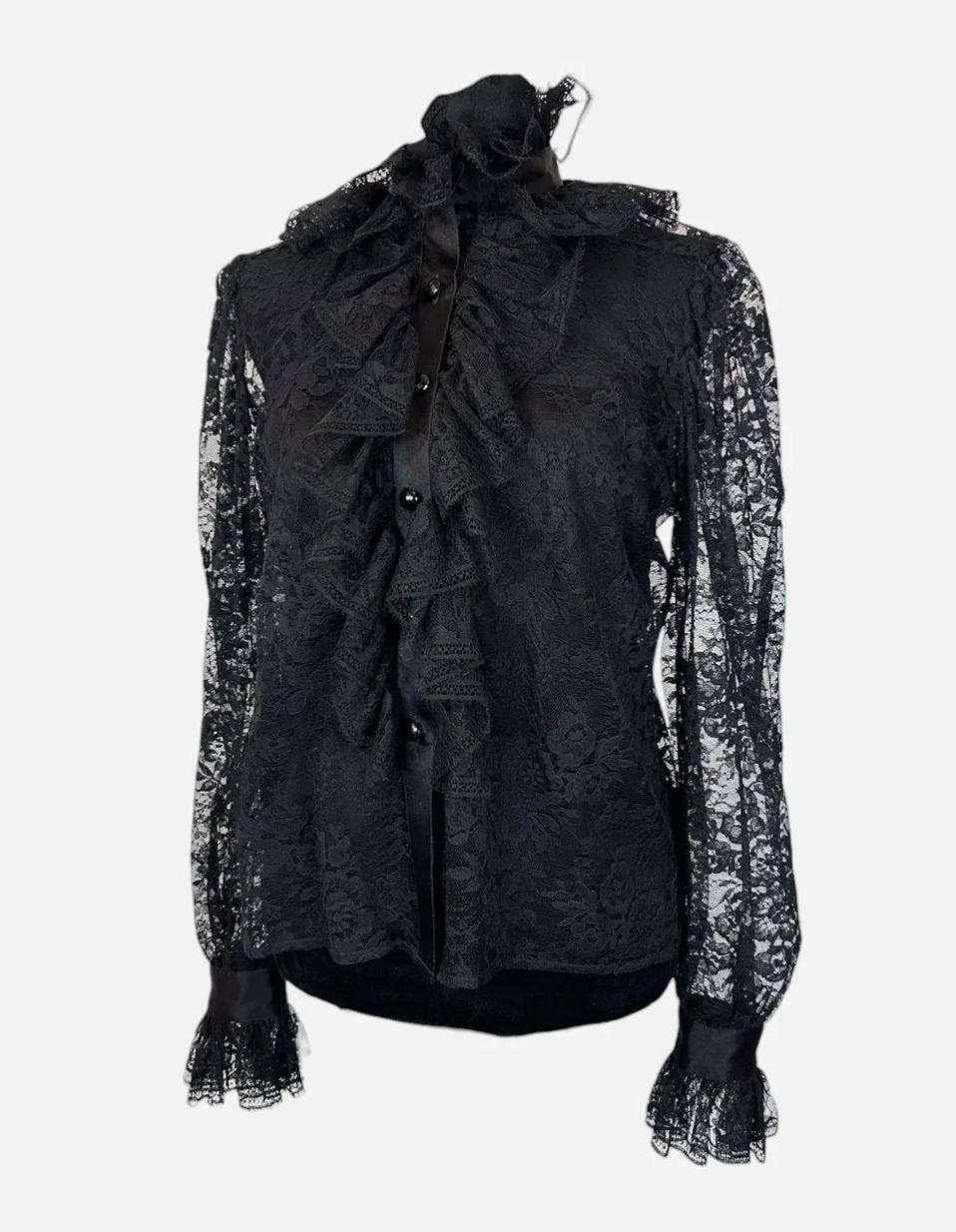 Vintage 1981 Yves Saint Laurent Black Floral Lace Ruffle Blouse - Made in France Sz 38