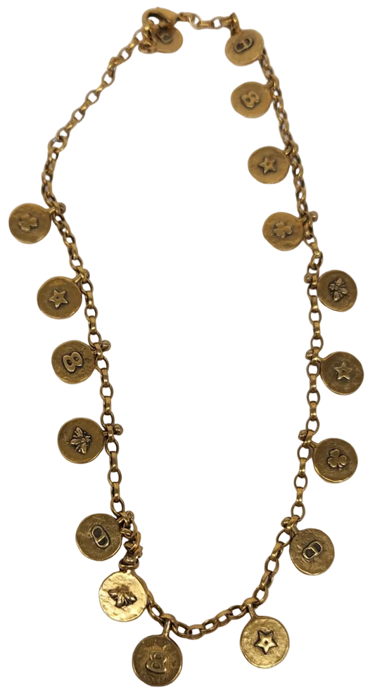 Vintage Christian Dior Gold Tone Charm Medallion Necklace with CD Logo & Talisman Coins (Early 2000s)