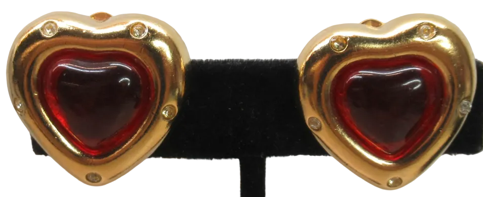 Vintage Givenchy Gold Tone Red Heart Gripoix Glass Statement Earrings - 80s/90s