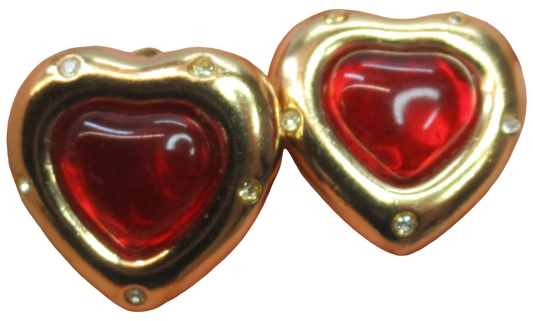 Vintage Givenchy Gold Tone Red Heart Gripoix Glass Statement Earrings - 80s/90s