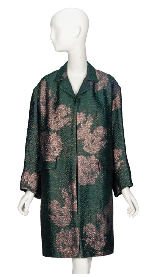 Dries Van Noten Emerald & Gold Floral Brocade Open Coat - Textured Linen Blend, XS
