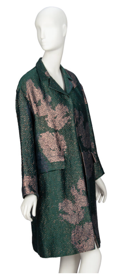 Dries Van Noten Emerald & Gold Floral Brocade Open Coat - Textured Linen Blend, XS