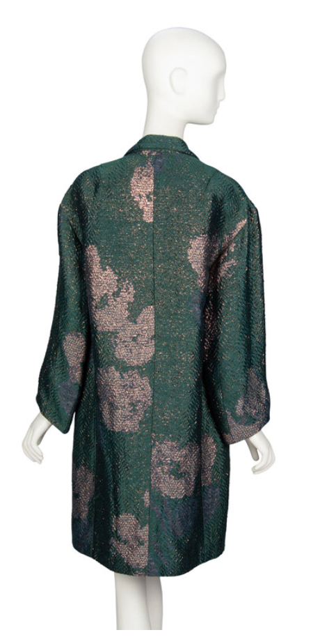 Dries Van Noten Emerald & Gold Floral Brocade Open Coat - Textured Linen Blend, XS