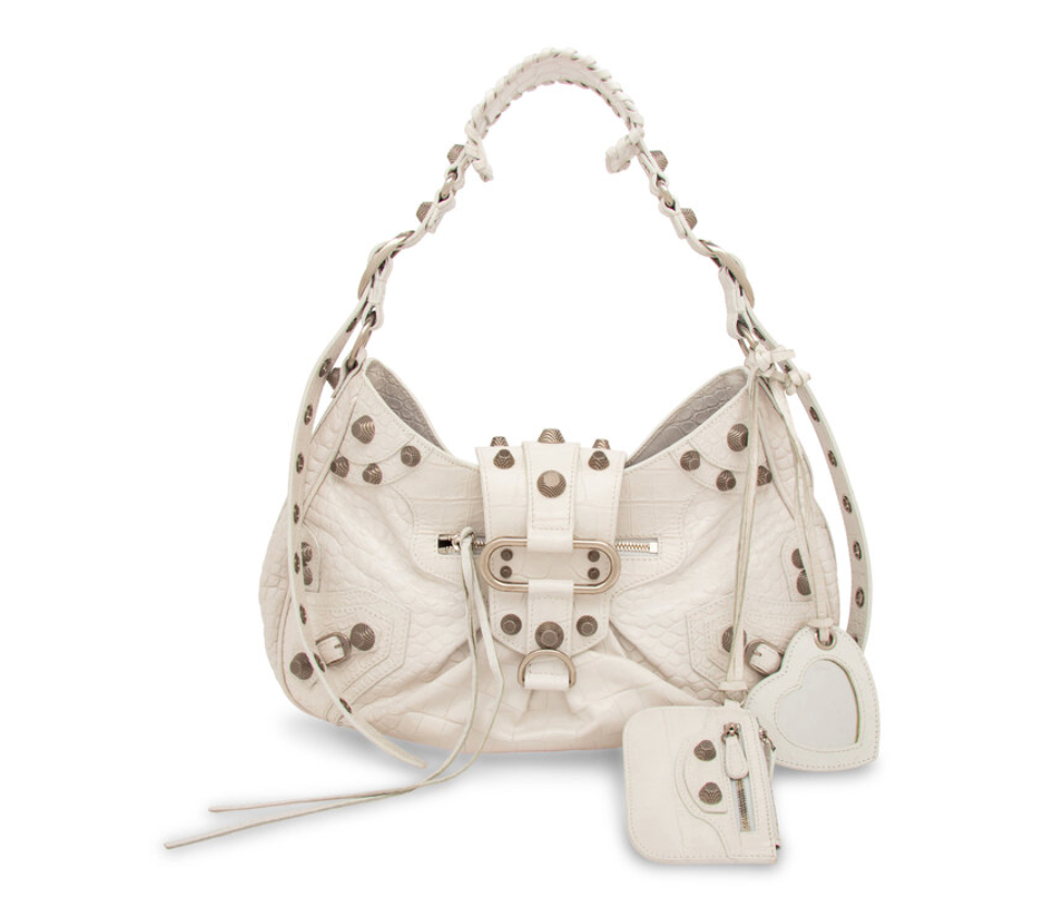 Balenciaga White Croc Embossed Le Cagole Medium Shoulder Bag with Mirror Charm & Mini Pouch