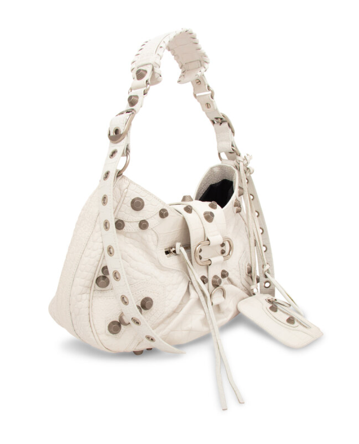Balenciaga White Croc Embossed Le Cagole Medium Shoulder Bag with Mirror Charm & Mini Pouch