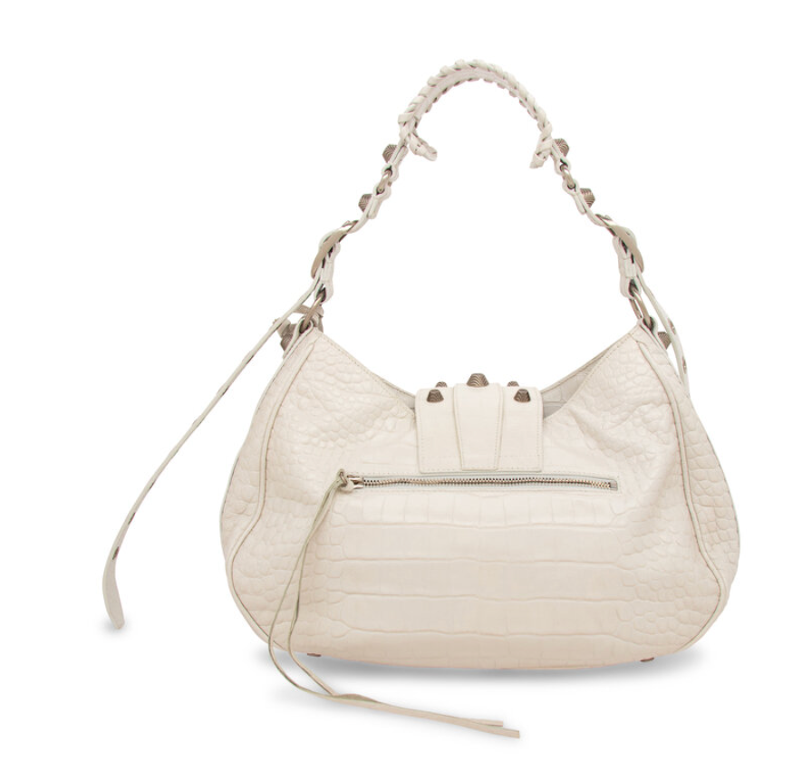 Balenciaga White Croc Embossed Le Cagole Medium Shoulder Bag with Mirror Charm & Mini Pouch