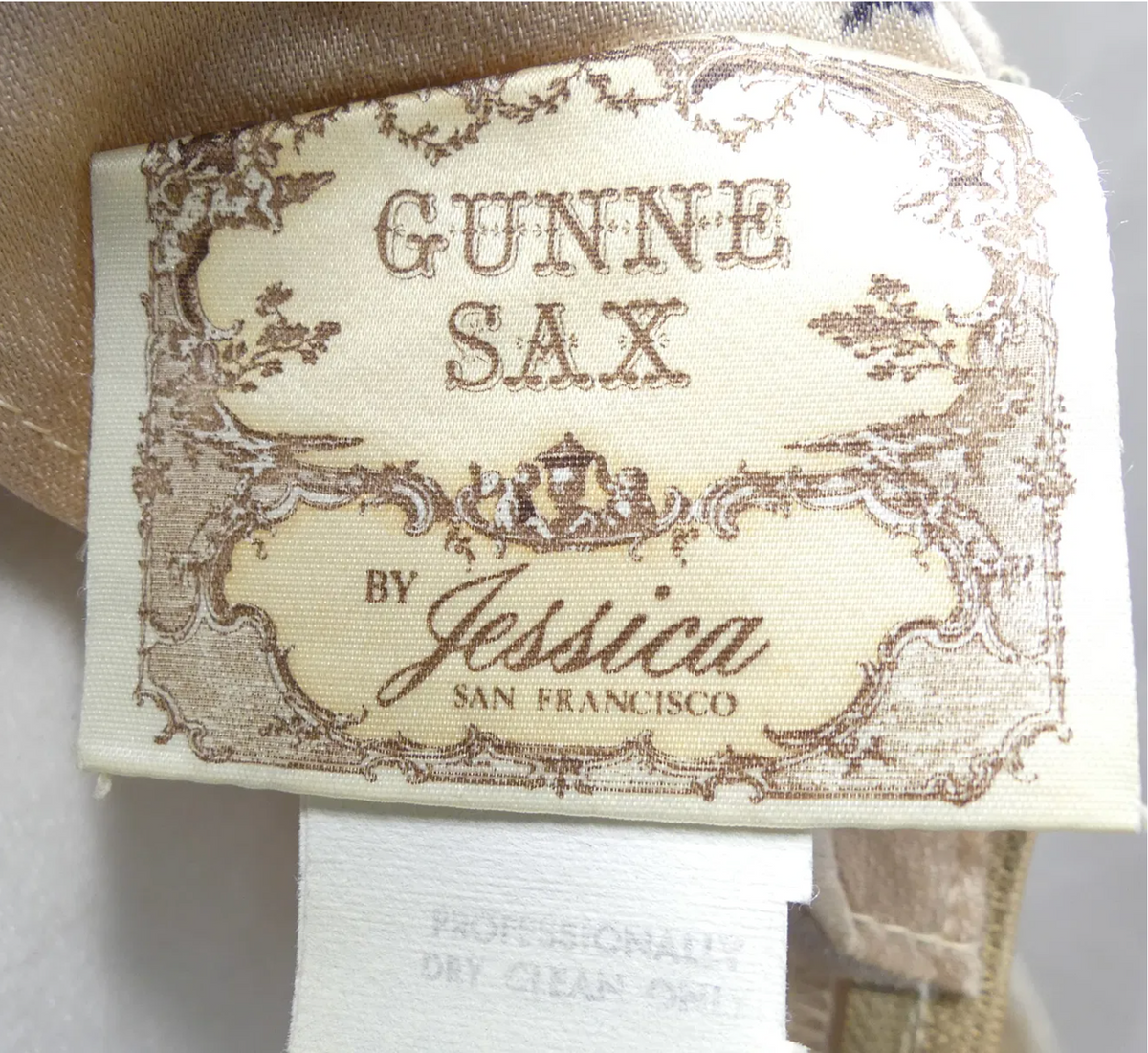 Gunne Sax by Jessica McClintock nude satin and lace prairie dress, lace-up bust detail close-up