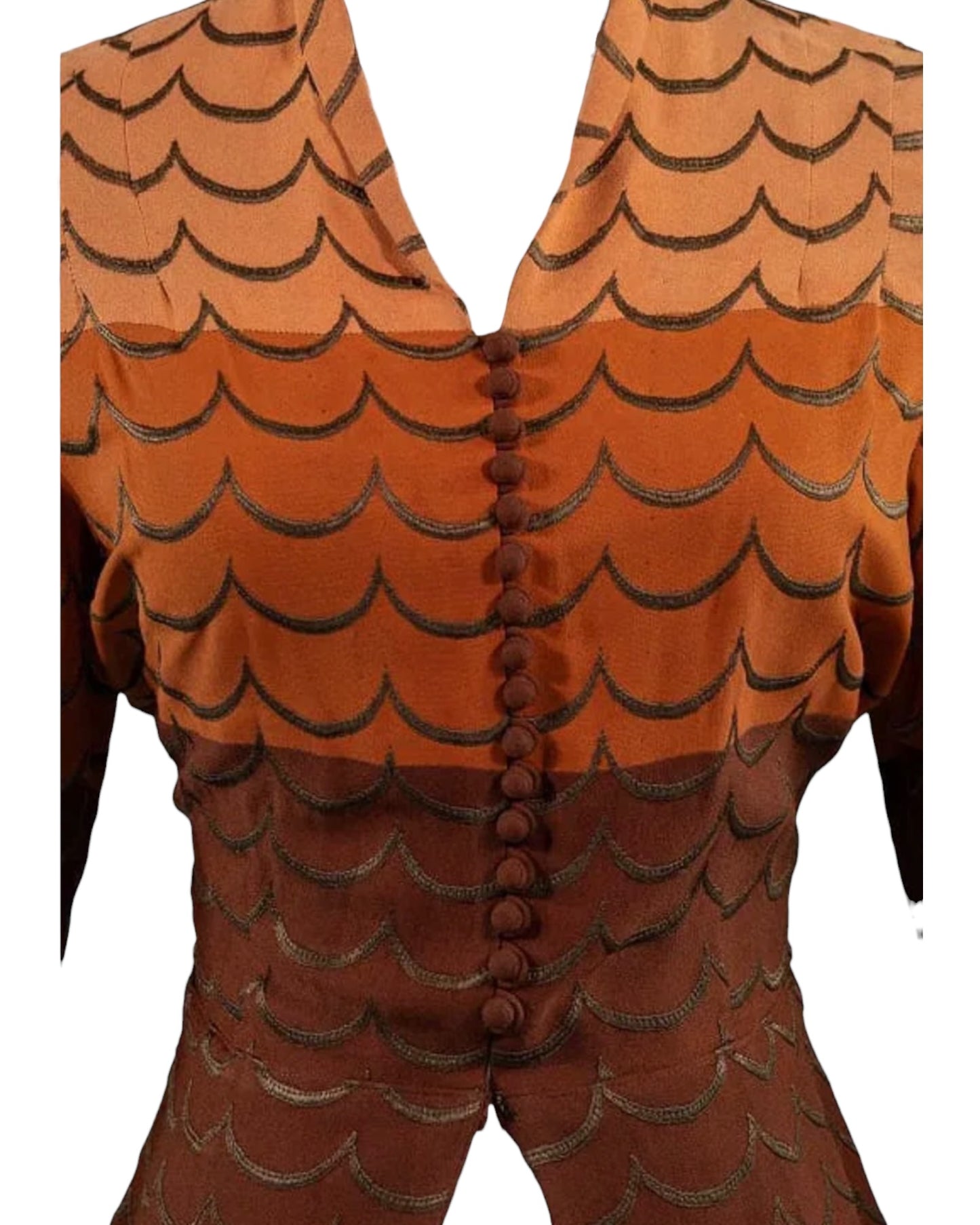 1930s Jeanne Lanvin Ombre Scalloped Embroidered Crepe Blouse
