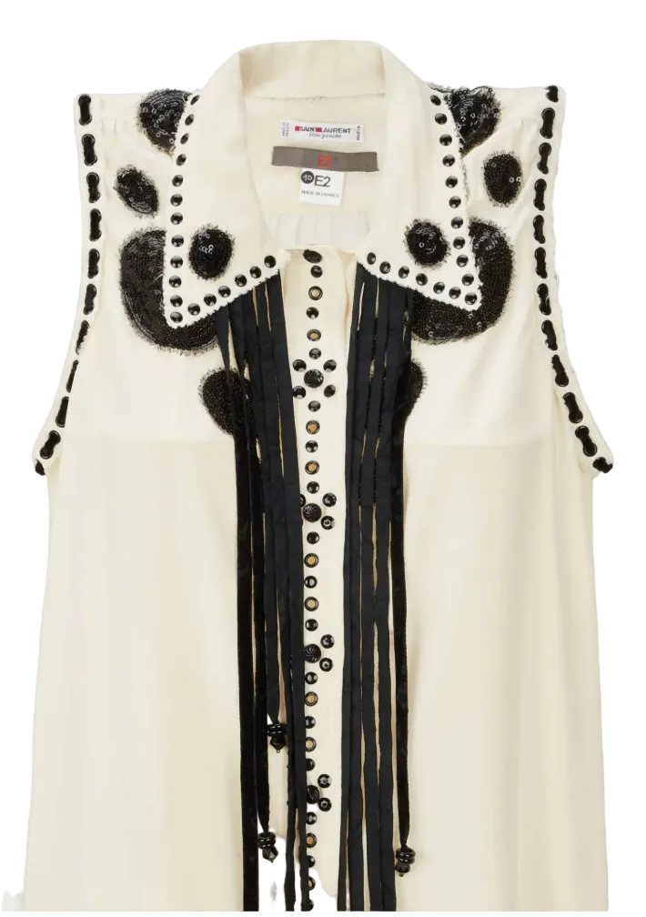 Saint Laurent Vintage Ivory Silk Embellished Blouse with Black Appliqué, Studwork & Fringe