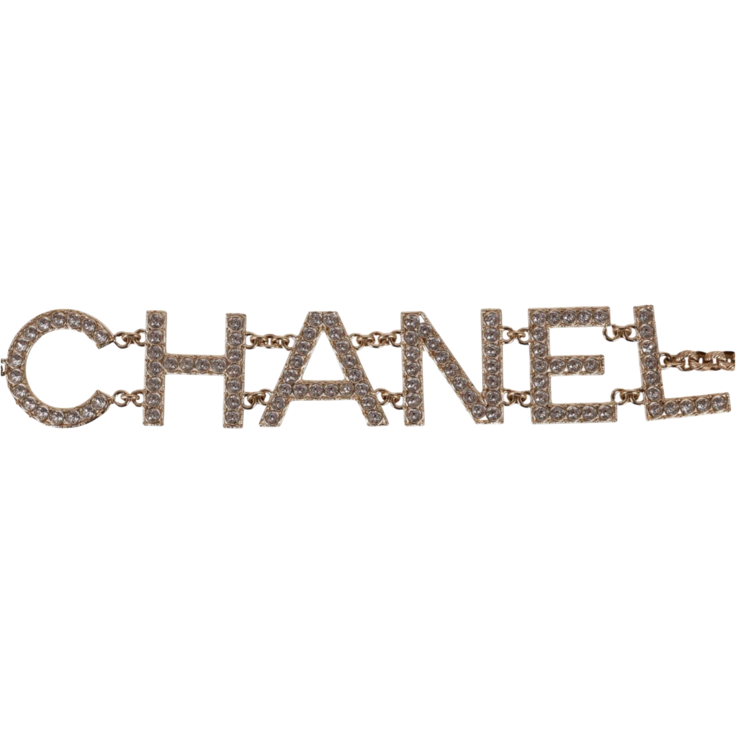 Chanel S/S 2019 Crystal "CHANEL" Logo Gold-Tone Chain Belt with CC Clasp