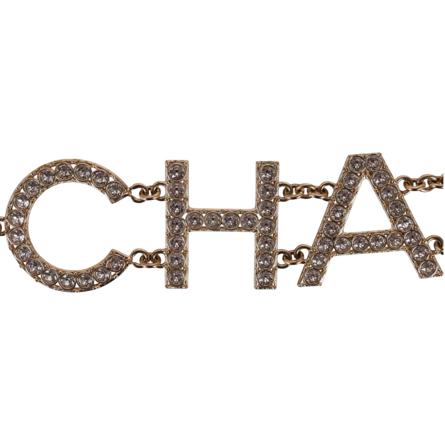 Chanel S/S 2019 Crystal "CHANEL" Logo Gold-Tone Chain Belt with CC Clasp