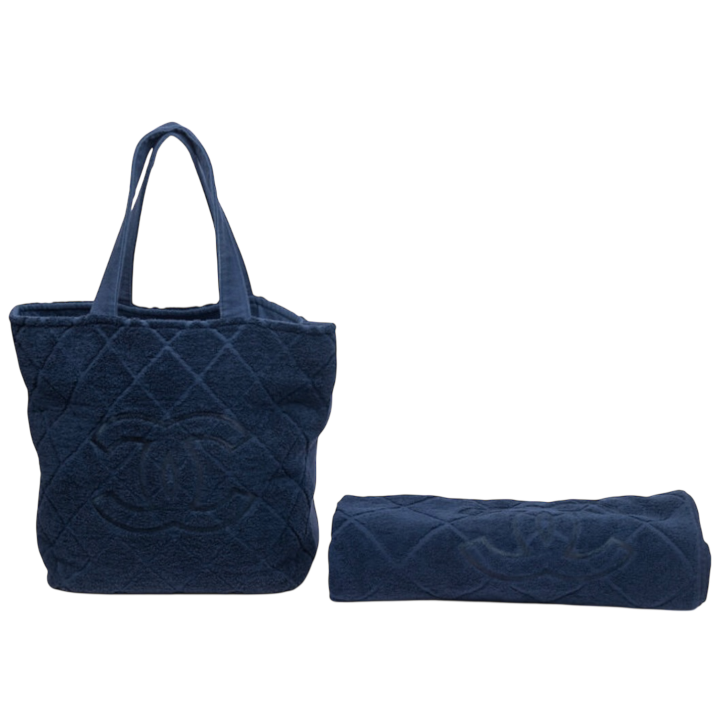 Chanel Navy Quilted Terrycloth CC Logo Tote Bag & Matching Towel Set, Diamond Pattern Cotton
