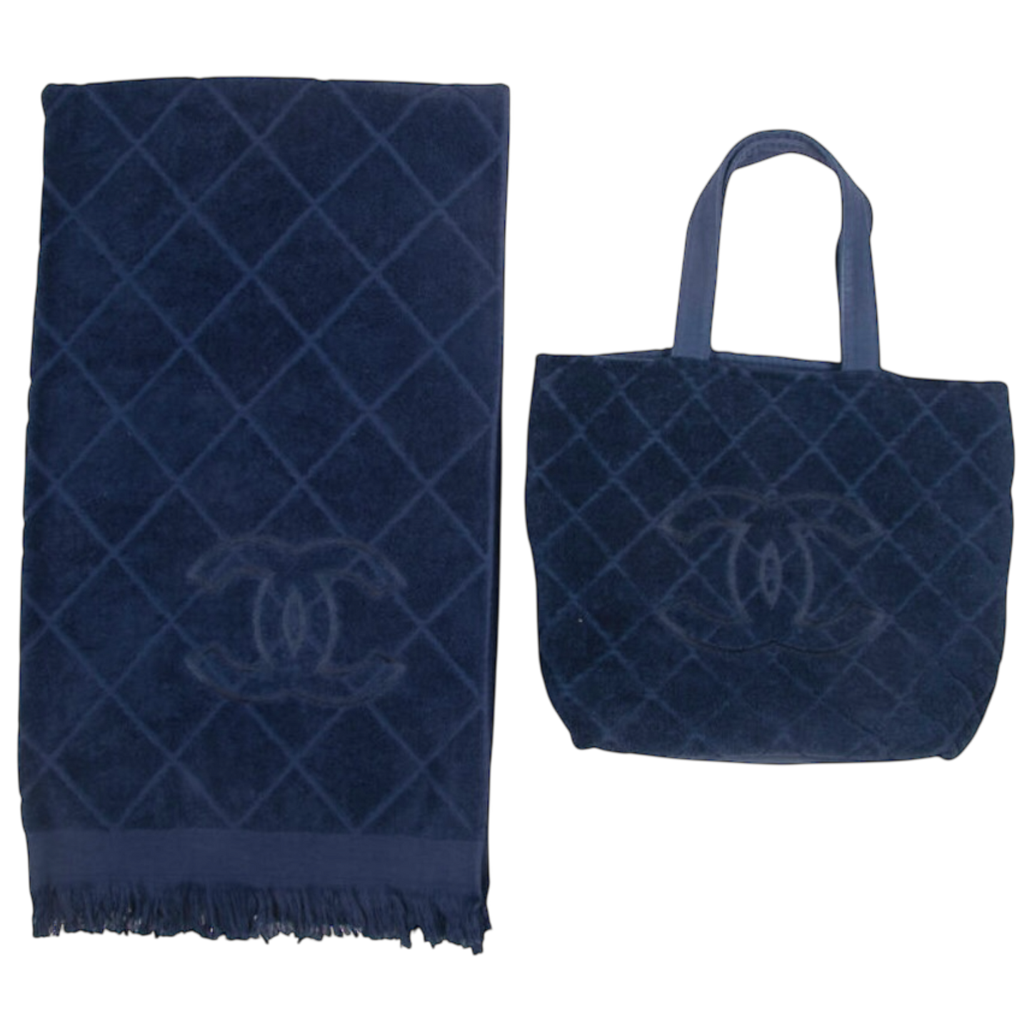 Chanel Navy Quilted Terrycloth CC Logo Tote Bag & Matching Towel Set, Diamond Pattern Cotton