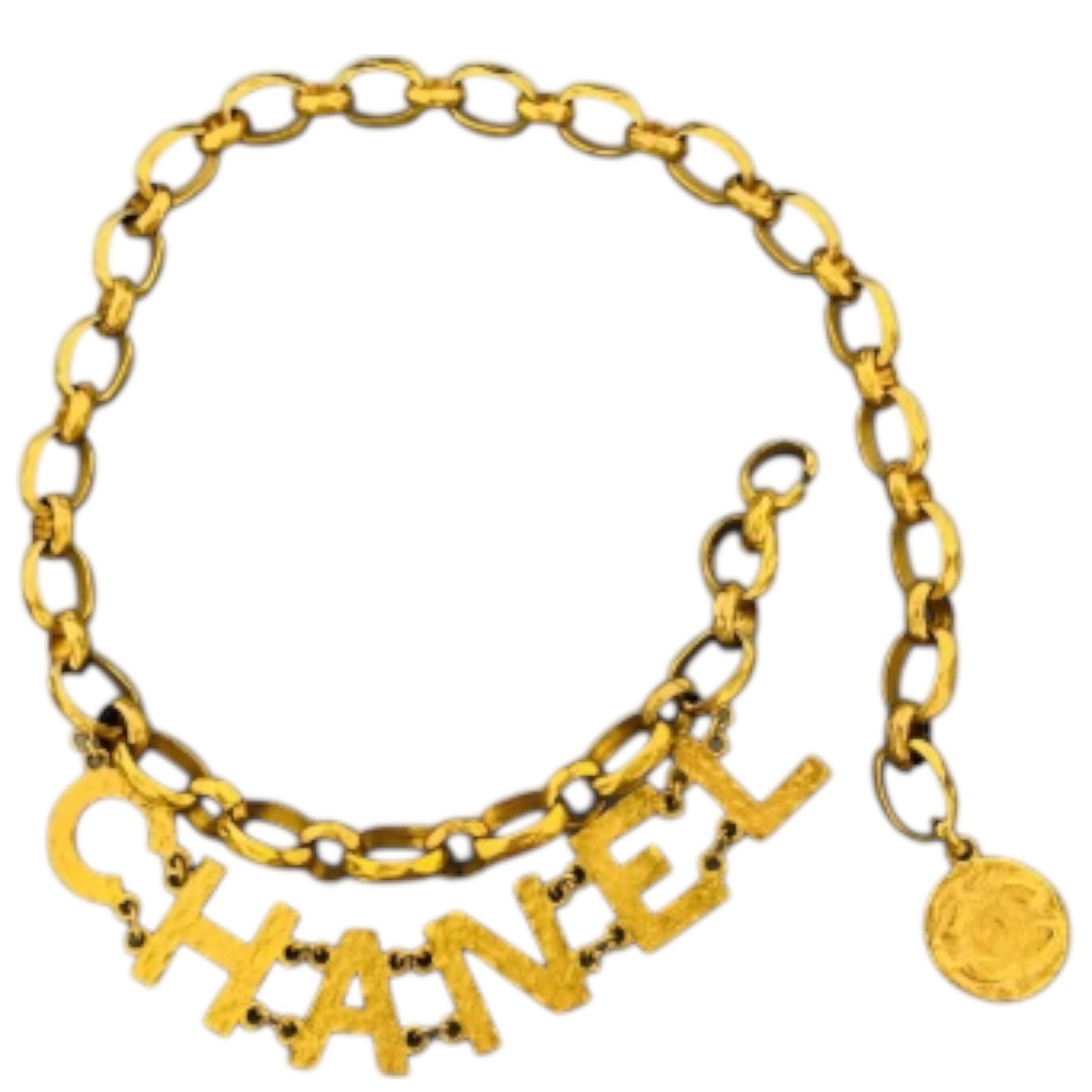 Chanel S/S 1993 Hammered Gold CHANEL Letter Logo Chain Belt – Runway (Look 1)
