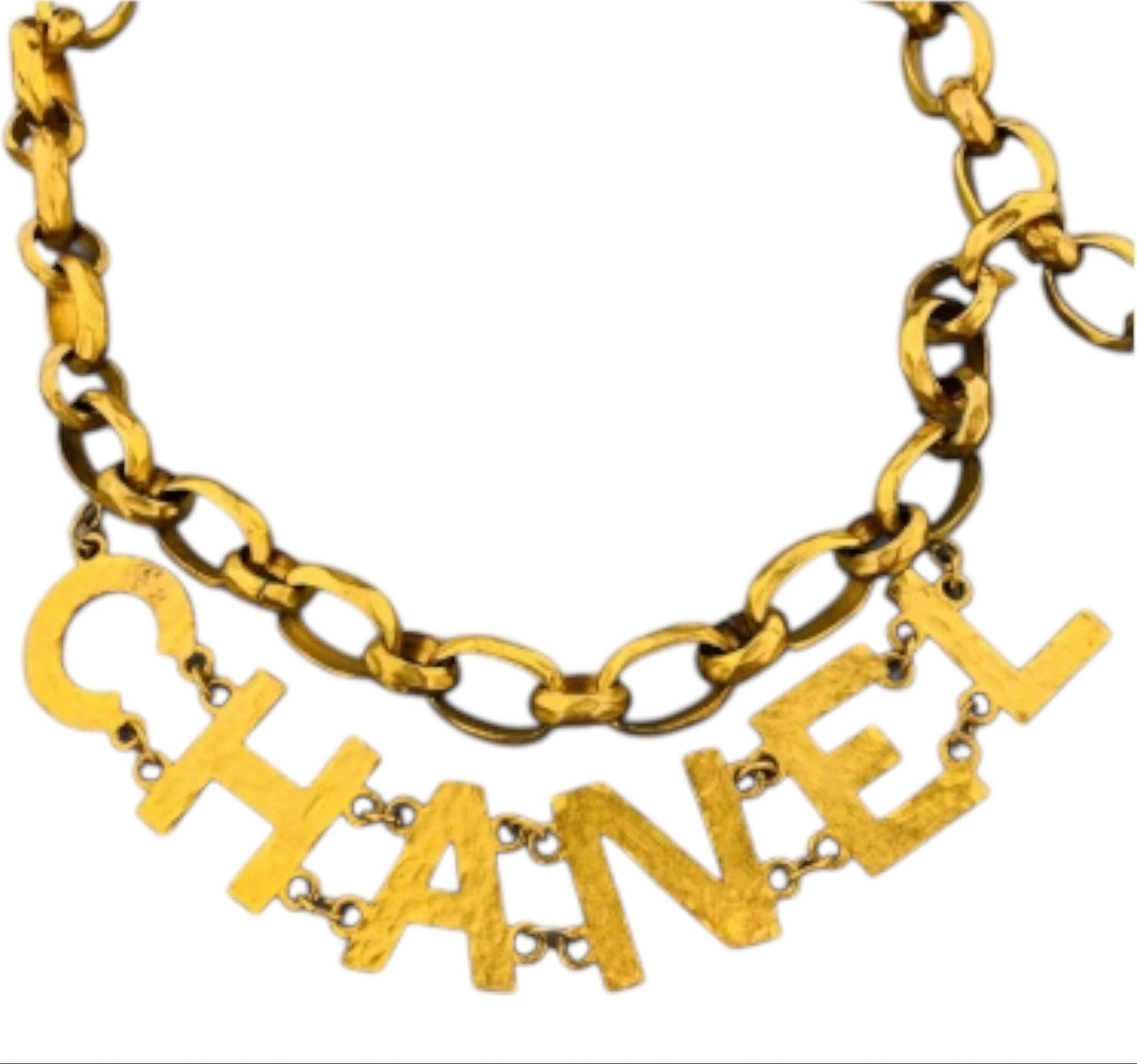 Chanel S/S 1993 Hammered Gold CHANEL Letter Logo Chain Belt – Runway (Look 1)