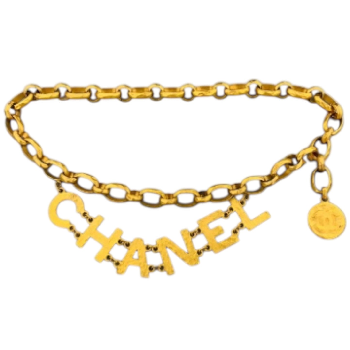 Chanel S/S 1993 Hammered Gold CHANEL Letter Logo Chain Belt – Runway (Look 1)